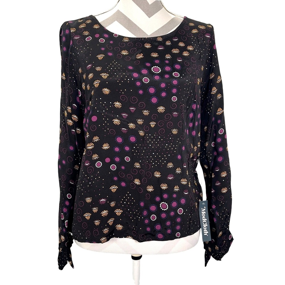 NWT ModCloth Black Purple Celestial Print Tie Cuff Blouse‎ Fairygoth Medium